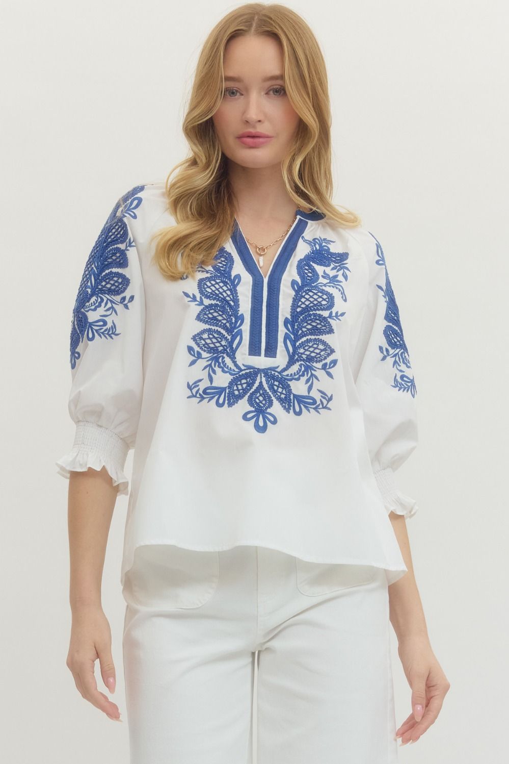 Madelyn Solid Embroidered ¾ Sleeve Top