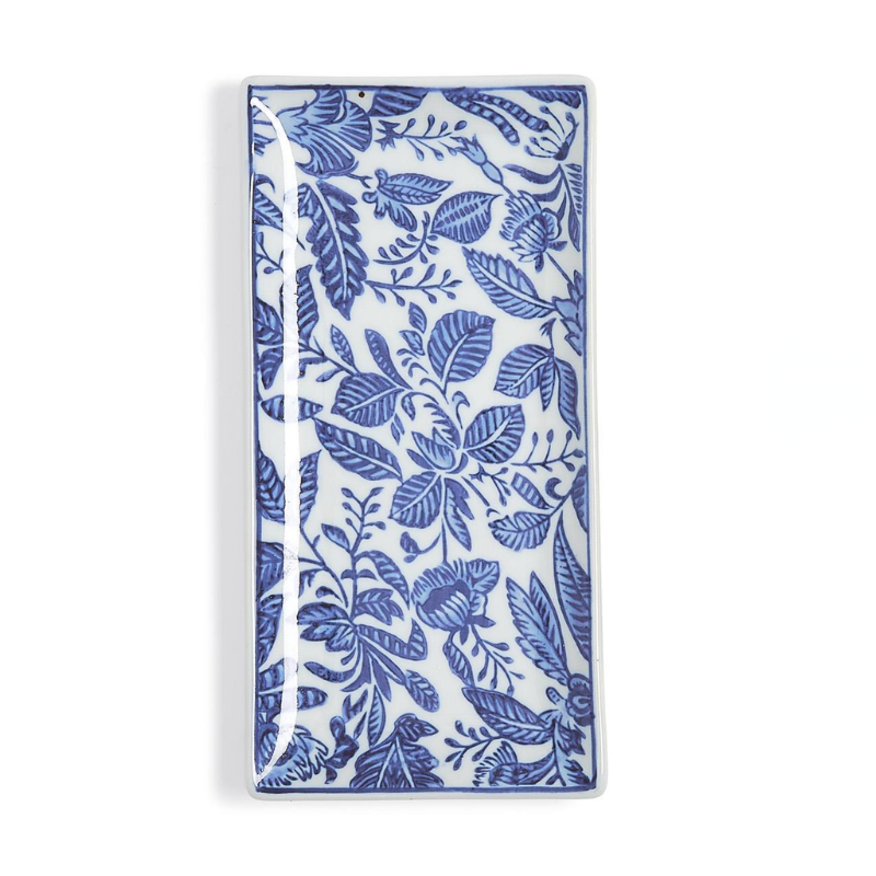 Rectangular ceramic tray with hand-painted blue and white chinoiserie floral and leaf patterns.