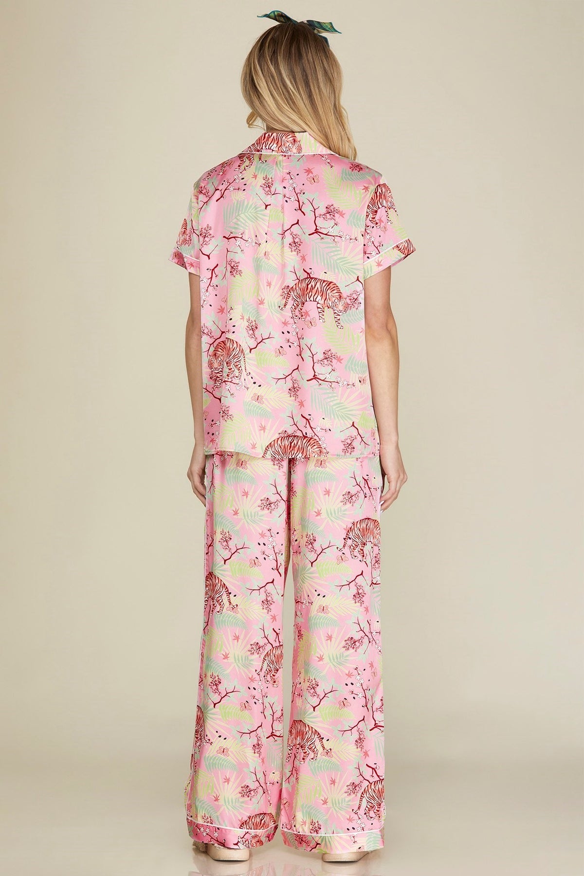 Alex Tiger print satin pajama top in black with white tiger graphic.