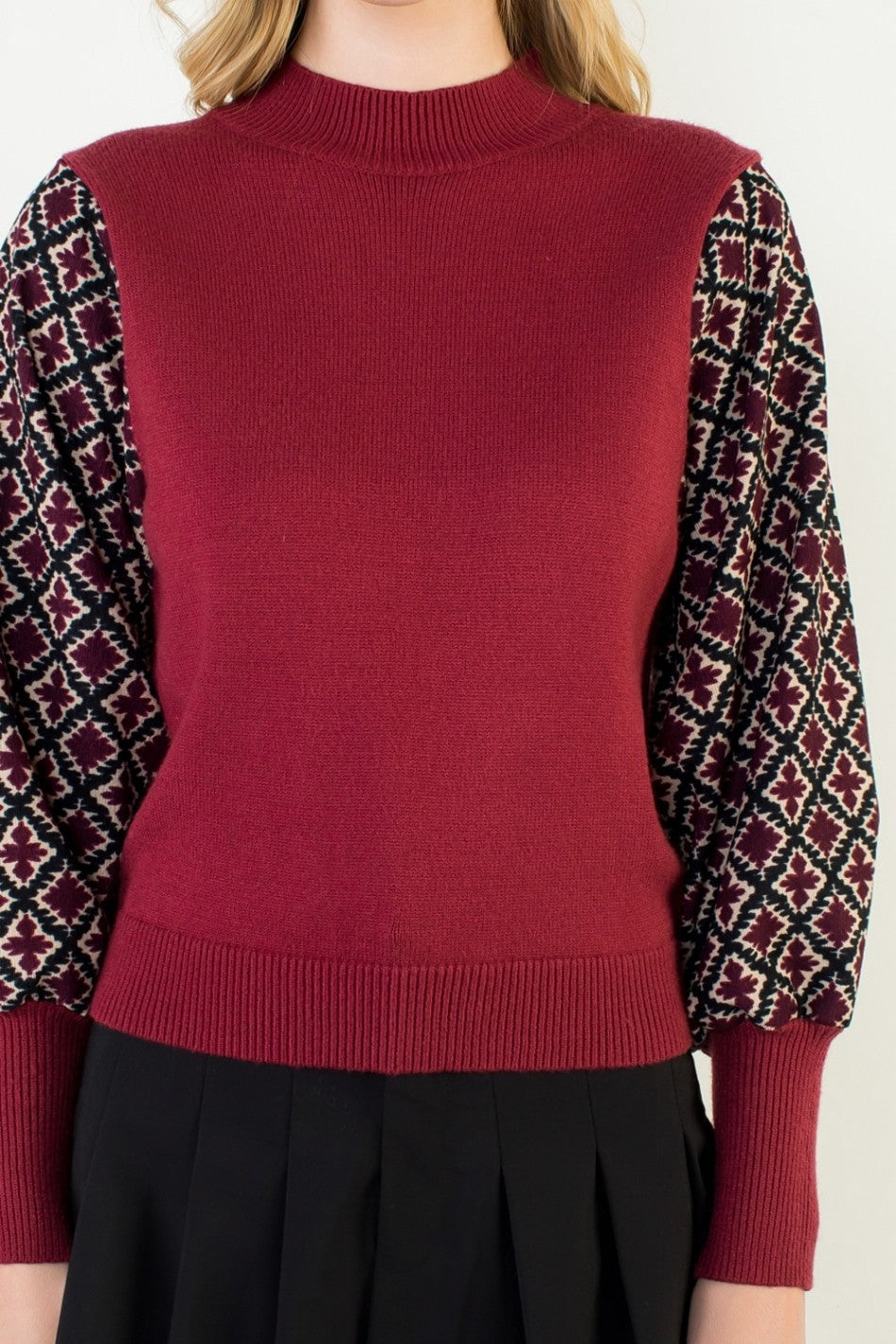 Hannah Mixed Media knit top in a soft neutral tone with long sleeves and relaxed silhouette.