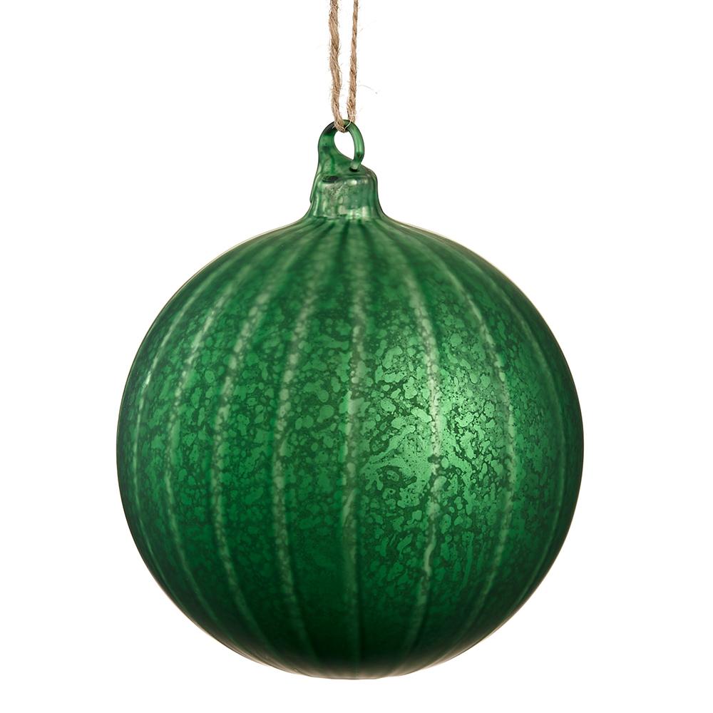 4.75-inch green ribbed glass ball ornament with a mottled finish and jute hanging string.