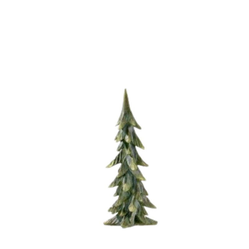 Resin antique forest tree figurine with a dark green finish and sculpted pine needle details.