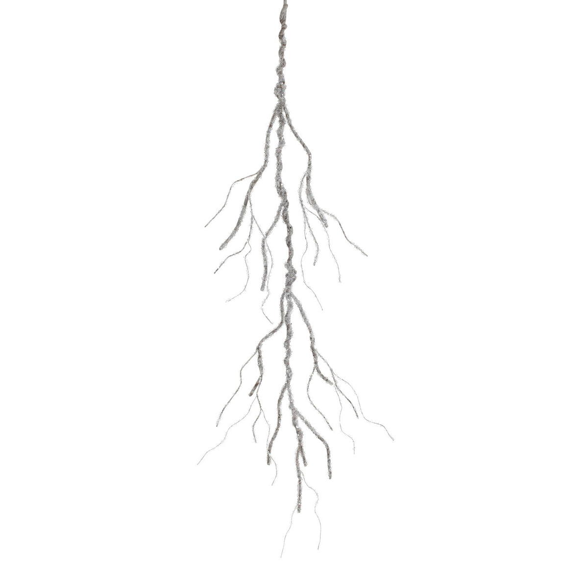 4-foot Icy Birch Garland with silver glittered branches hanging vertically on a white background.