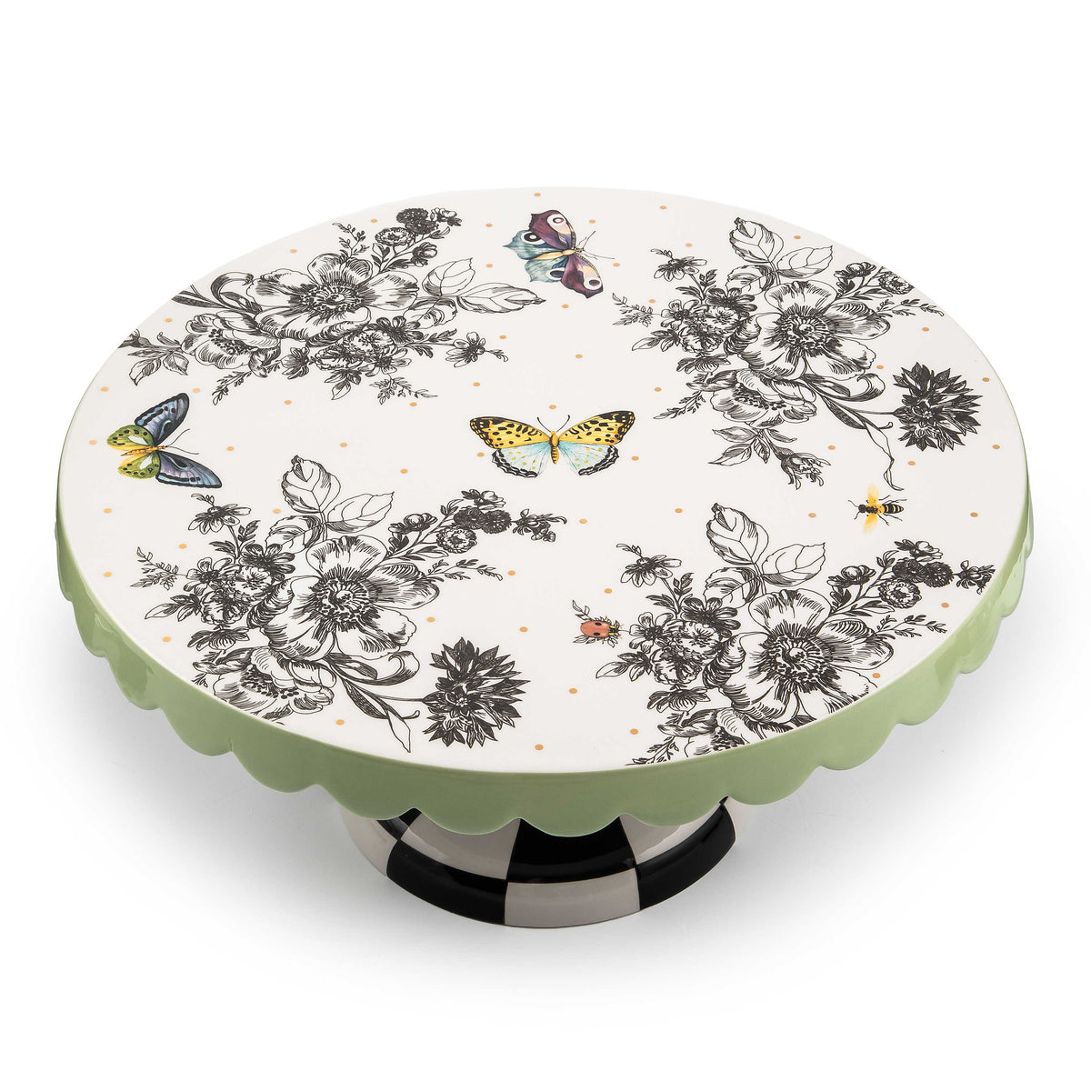 Butterfly Toile Large Pedestal Platter with floral designs, butterflies, and a checkered base.