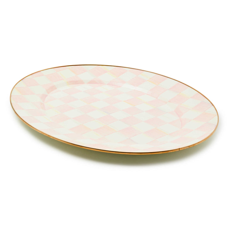 Large oval platter with a hand-painted pink and white rosy check pattern and a bronzed steel rim.