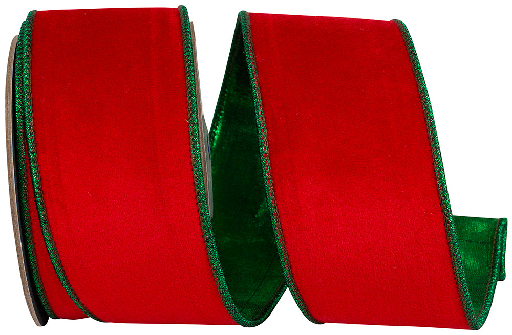 Two-and-a-half inch wired edge ribbon in metallic green dupioni with velvet touch backing