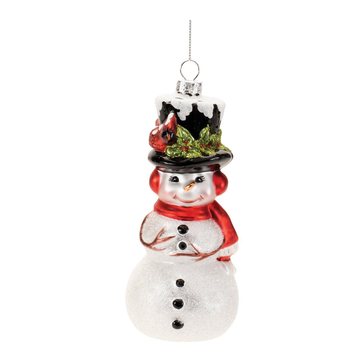 Glittery glass snowman ornament with a black top hat, red scarf, and cardinal detail.