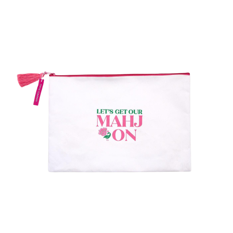 White cotton canvas pouch with pink tassel and green and pink 'LET'S GET OUR MAHJ ON' text.