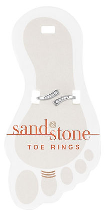 Sand & Stone silver-tone bypass toe ring with small clear stones on a foot-shaped card.