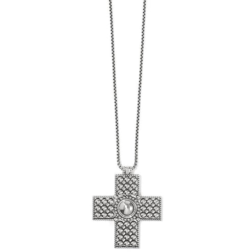 Silver-plated Pretty Tough Cross Necklace with a textured dotted pattern and a central round stud.