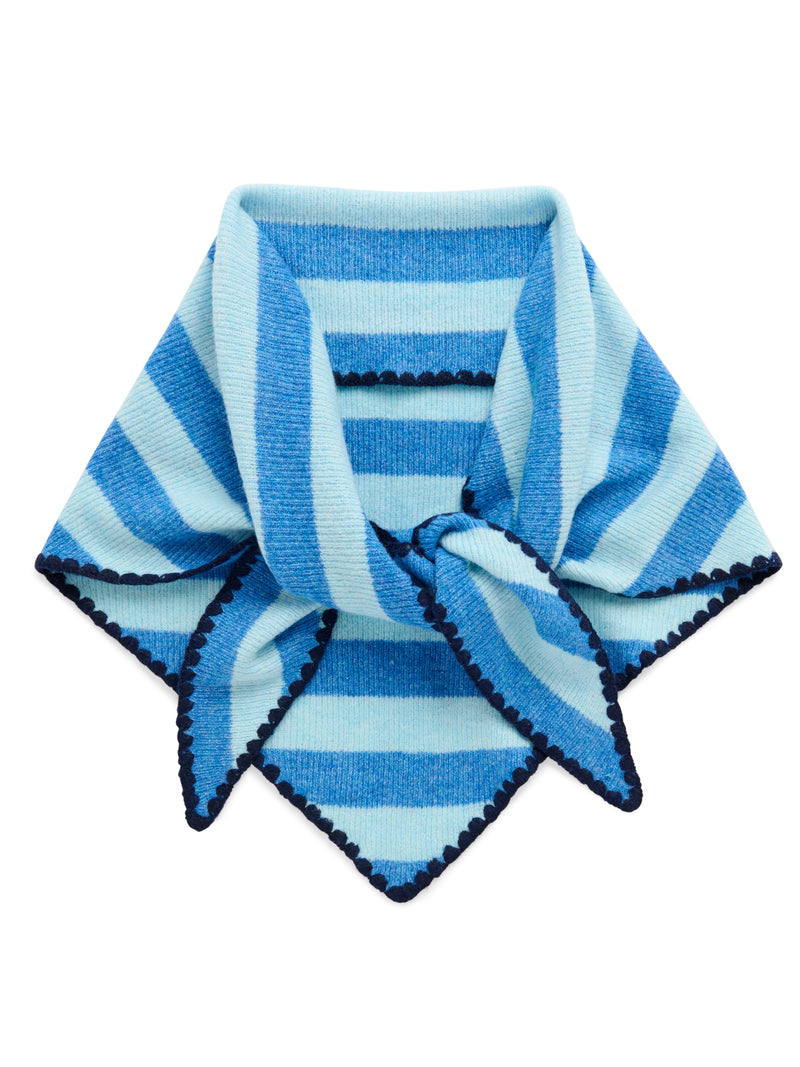 Joy Large Triangle Scarf in light and dark blue stripes with a dark scalloped edge.