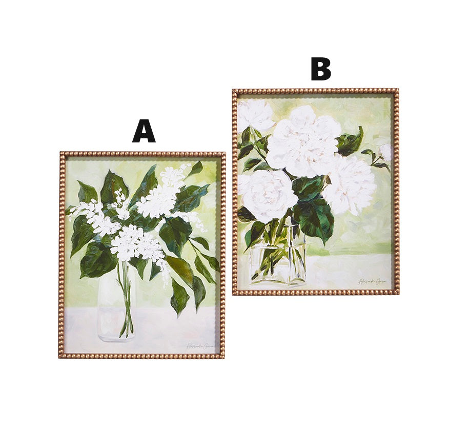 Framed print showing white flowers in a vase on wood and glass background