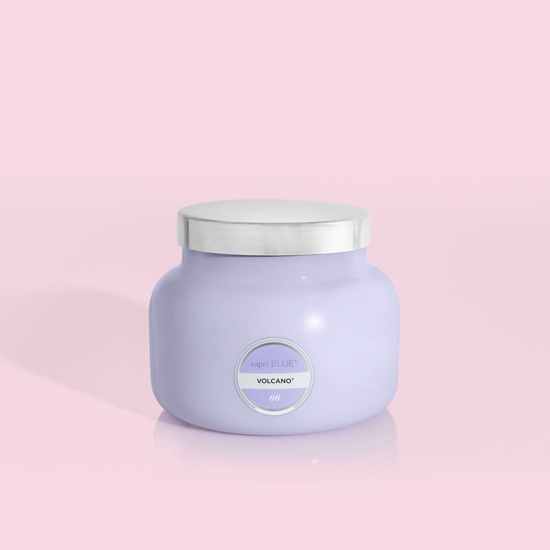 Volcano Digital Lavender Signature Jar candle in a clear glass jar with lavender wax and wicks.