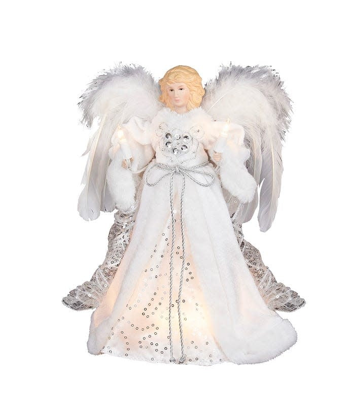 12-inch white and silver angel Christmas tree topper with feathered wings and 10 clear lights.