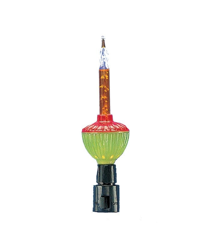 Red and green plastic base holding a glass candle bulb filled with gold liquid bubbles.