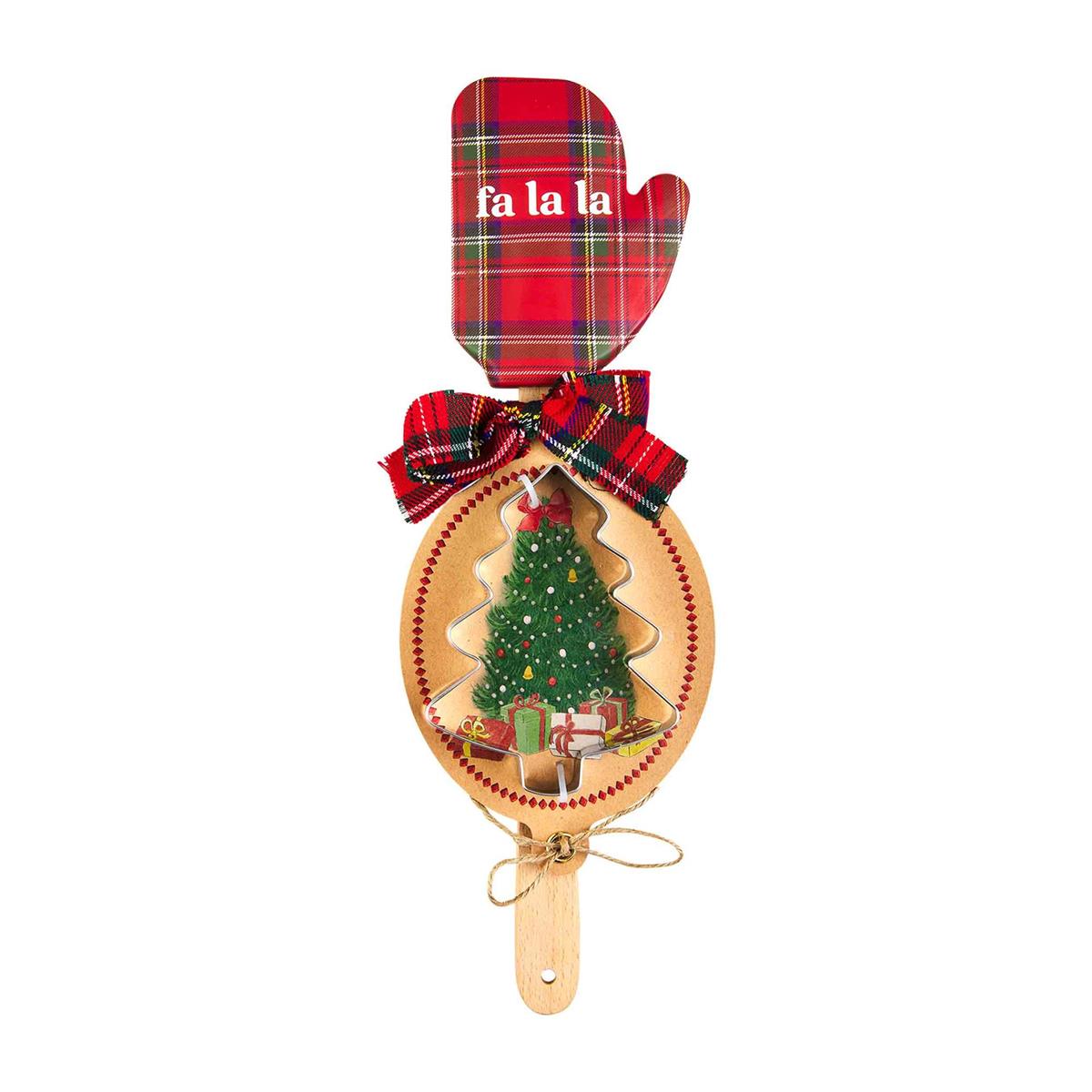 Wood-handled silicone spatula with red tartan pattern paired with a stainless steel cookie cutter.