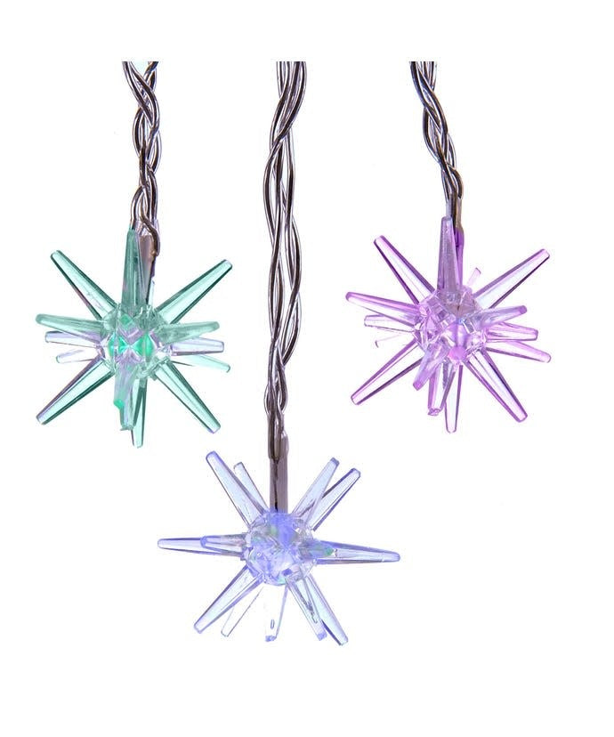 Red, green, and blue starburst LED light set with nine-pointed silhouette on a white background.