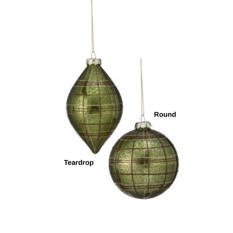 Green glass plaid glitter ornaments in teardrop and round shapes, sold individually.