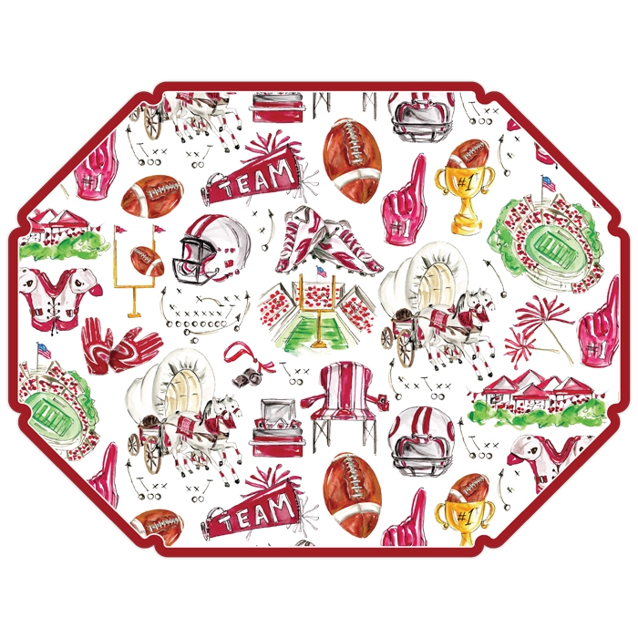 Posh die-cut placemat featuring hand-painted floral patterns on a light background.