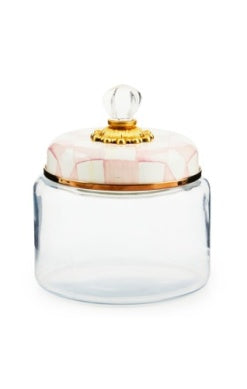 Clear glass kitchen canister with a pink and white checkered lid and a decorative glass knob.