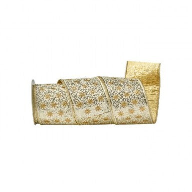 4 inch wide gold Dupion Starburst Ribbon with a glittery star pattern on a textured fabric.