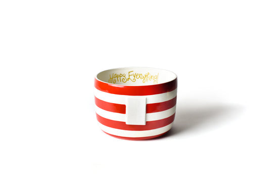 Red striped ceramic bowl with 'Happy Everything!' text on a white background