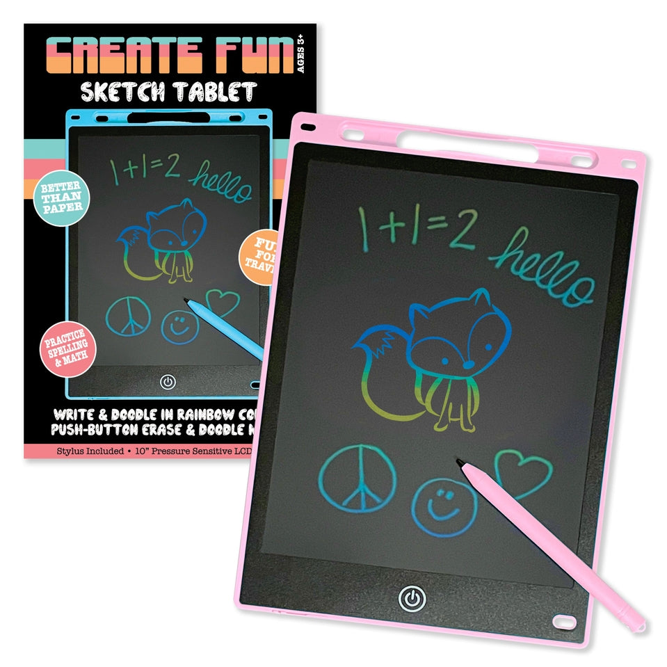 Rainbow sketch tablet with colorful doodle patterns on a compact travel-sized body.