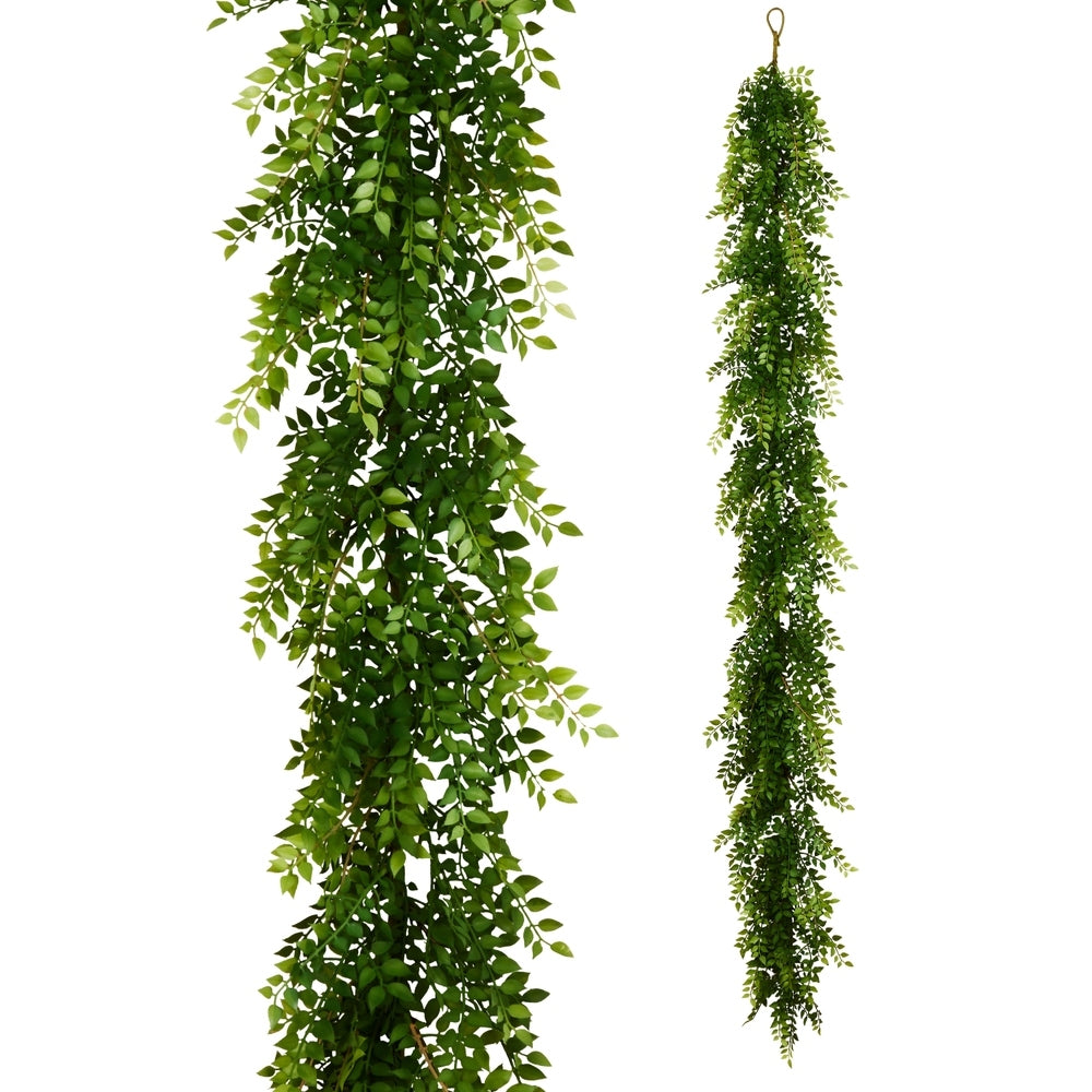 6-foot long green artificial ruscus garland with dense plastic leaves and a hanging loop.