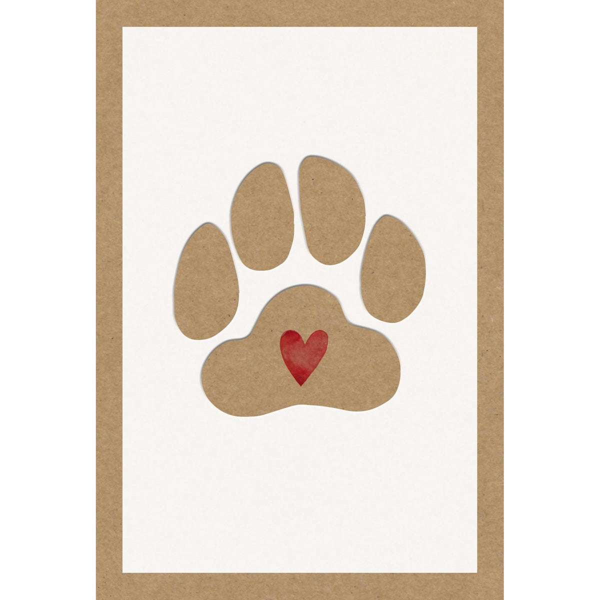 Brown paw print cut-out with a red heart on a white card with a brown border.