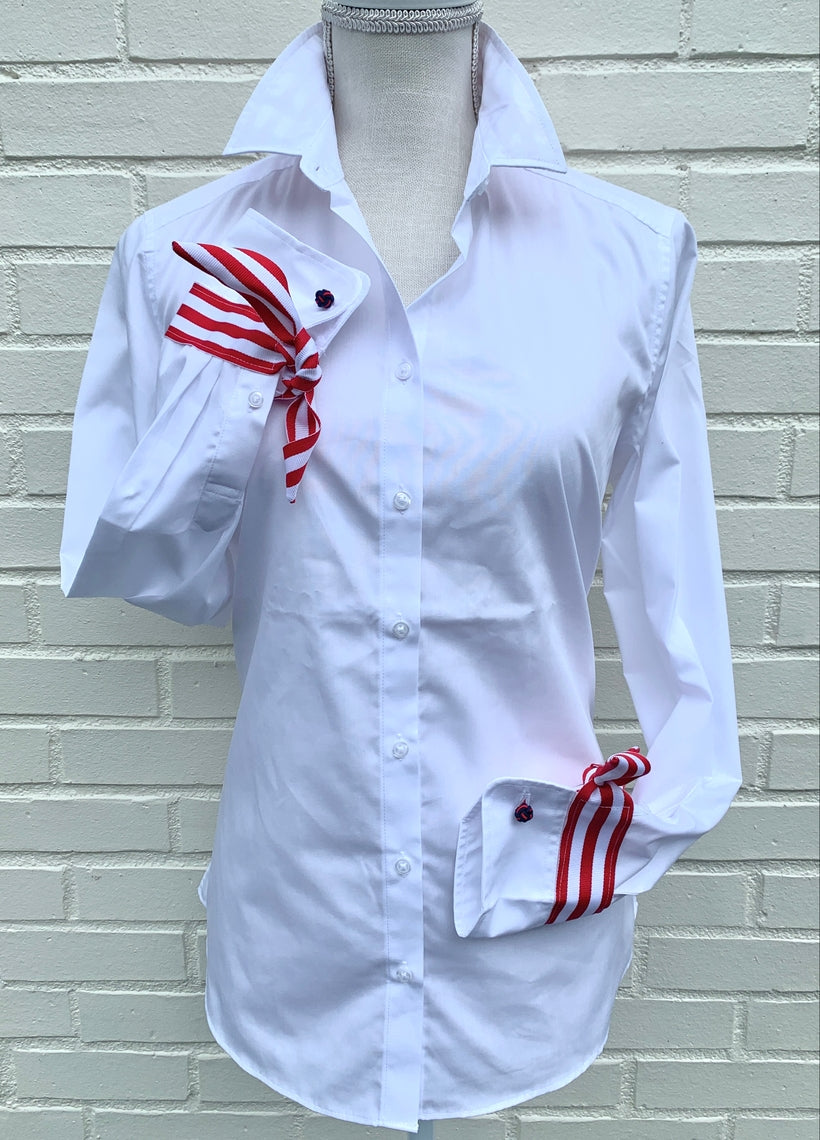 Audrey Ribbon Fc shirt in light blue poplin fabric with a ribbon neckline detail.