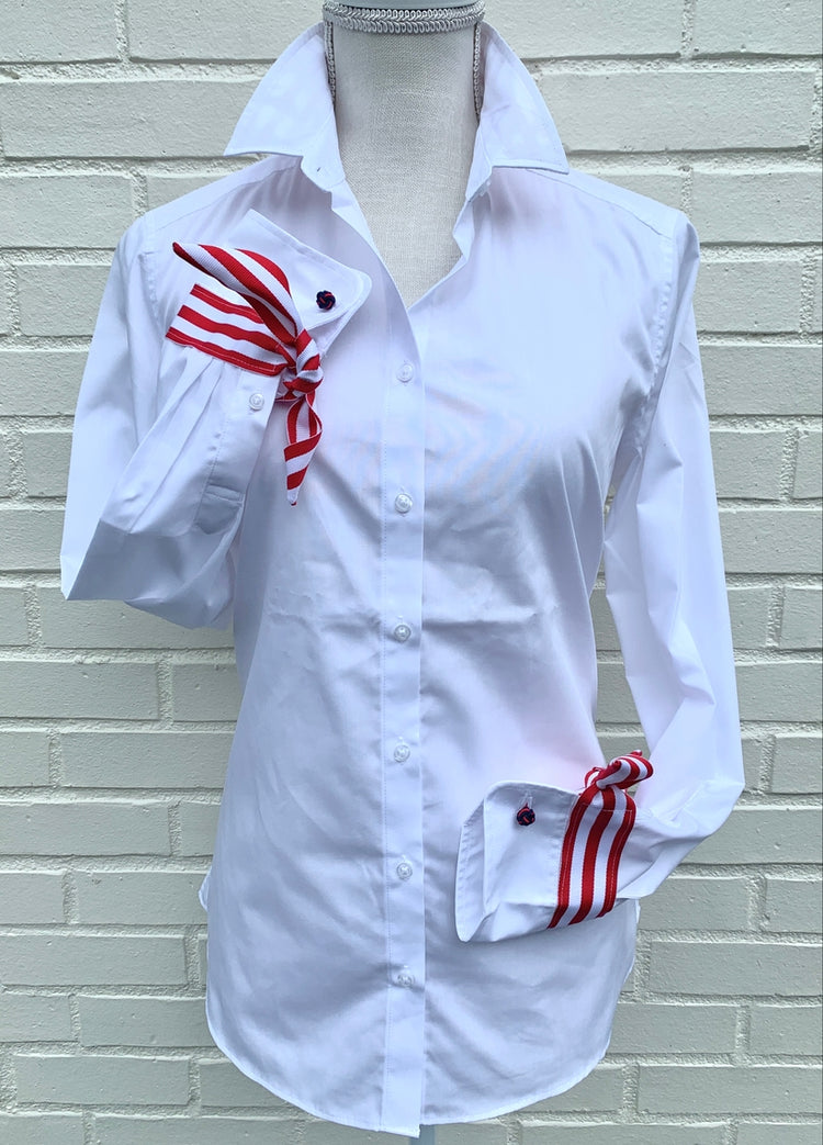 Audrey Ribbon Fc shirt in light blue poplin fabric with a ribbon neckline detail.
