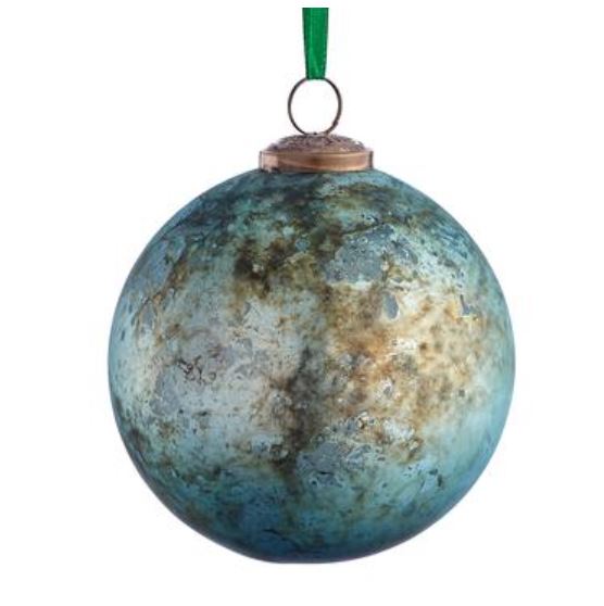 Antique blue glass ball ornament with brass accents