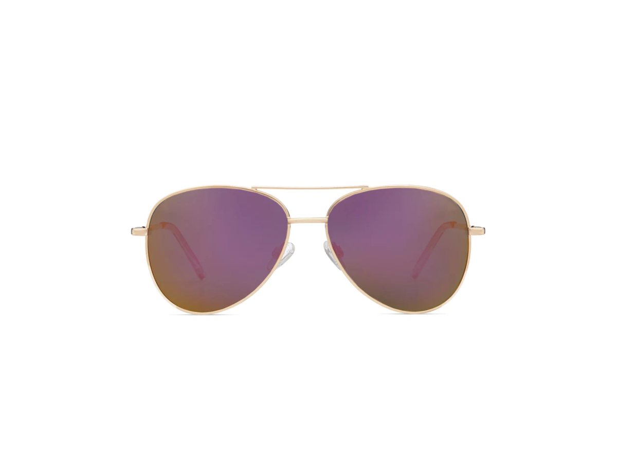 Pink aviator sunglasses with gold double bridge frame and polarized UV400 lenses.