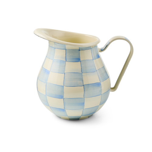 Mackenzie Childs Sky Check ceramic pitcher with handle in white glaze featuring blue sky and cloud pattern.