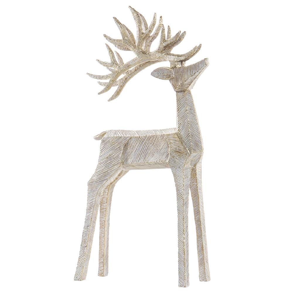 Beige polyresin reindeer figurine with gold accents on a flat base.