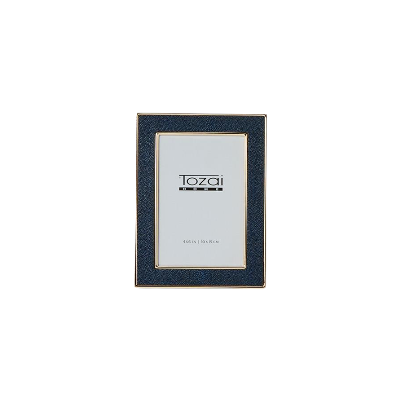 Astor Shagreen Photo Frame in navy blue with gold steel trim, shown in a vertical orientation.