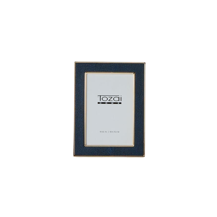 Astor Shagreen Photo Frame in navy blue with gold steel trim, shown in a vertical orientation.