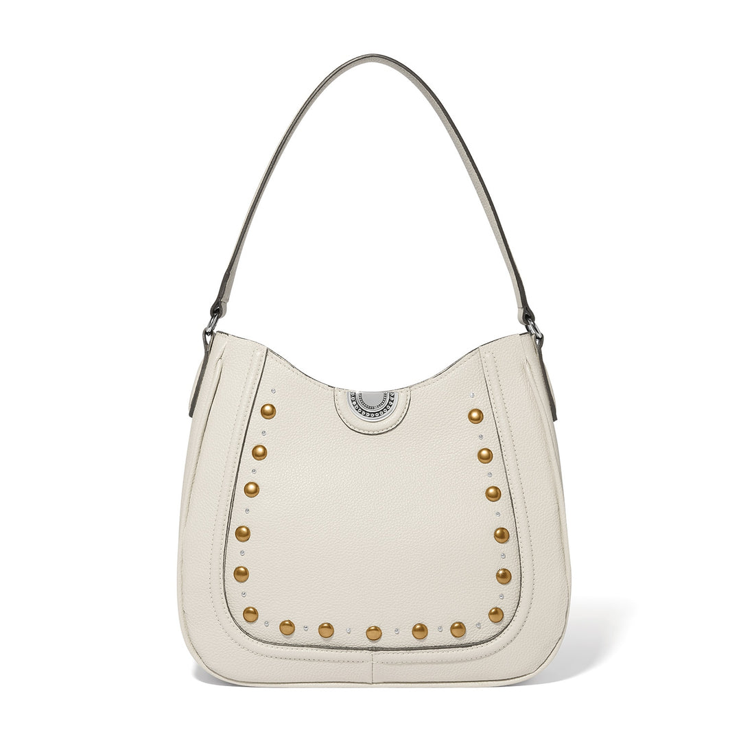 White leather Uma shoulder bag with ziptop closure, suede-like lining, one exterior pocket.
