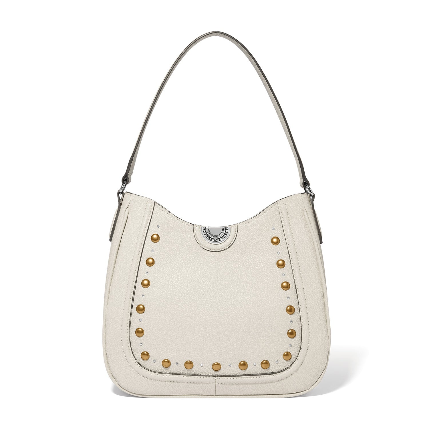 White leather Uma shoulder bag with ziptop closure, suede-like lining, one exterior pocket.
