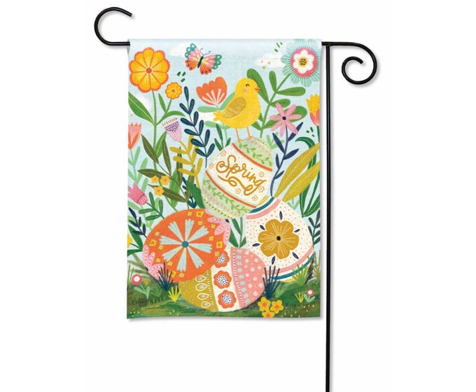 Spring garden flag with a yellow bird, butterflies, flowers, and decorated Easter eggs.