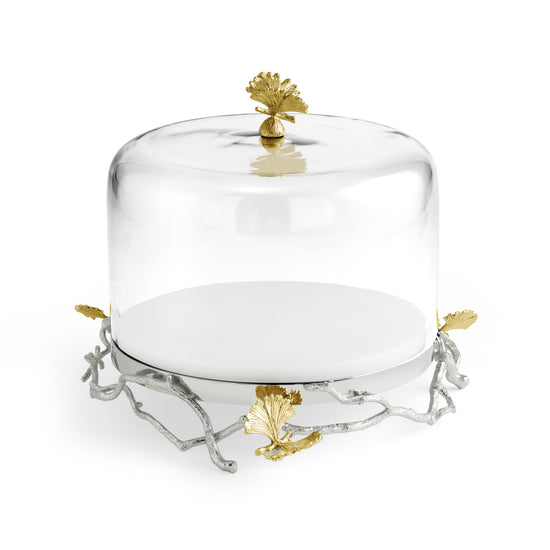 Butterfly Ginkgo Luxe cake stand with dome in marble base, nickelplate accents, and natural brass.