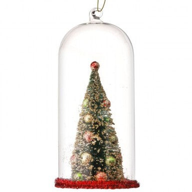 7.5-inch Christmas tree ornament with a bottle brush tree inside a clear glass dome.