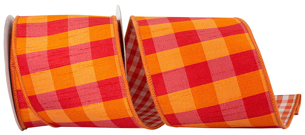 4 inch orange and red Dupioni Tierra check gingham wired edge ribbon on a spool.
