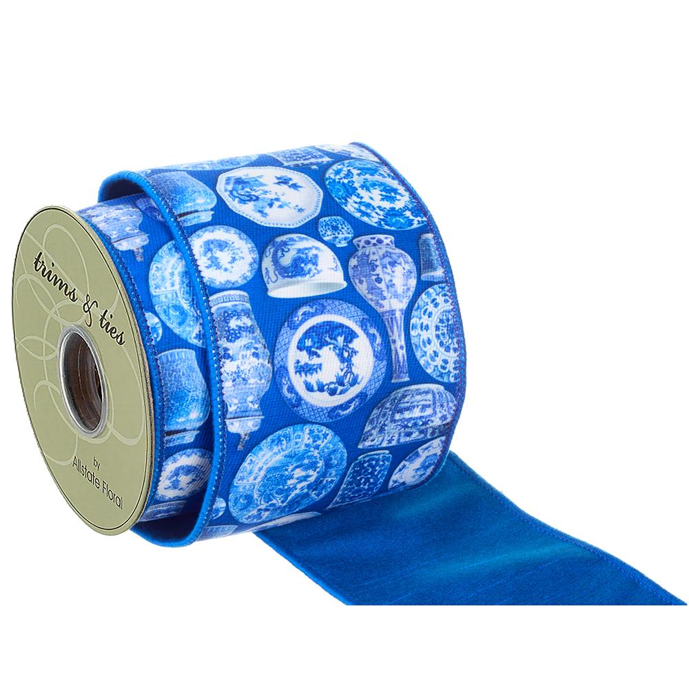 Blue cotton canvas ribbon with white chinoiserie print featuring floral motifs