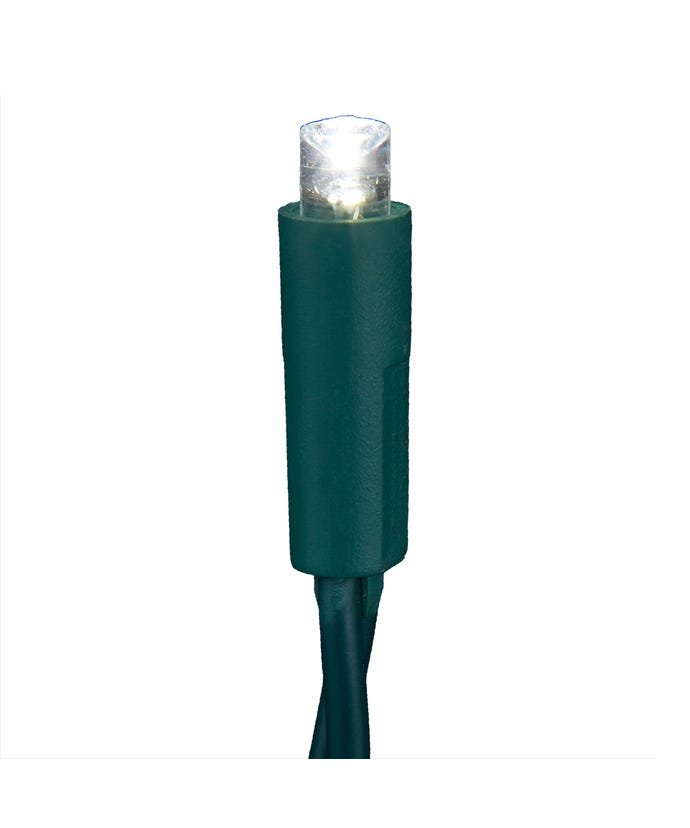Close-up of a single 5mm pure white LED bulb on a green wire strand.