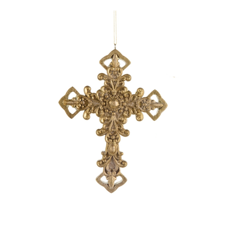 7-inch gold resin cross ornament with intricate filigree scrollwork and beaded lattice motifs.