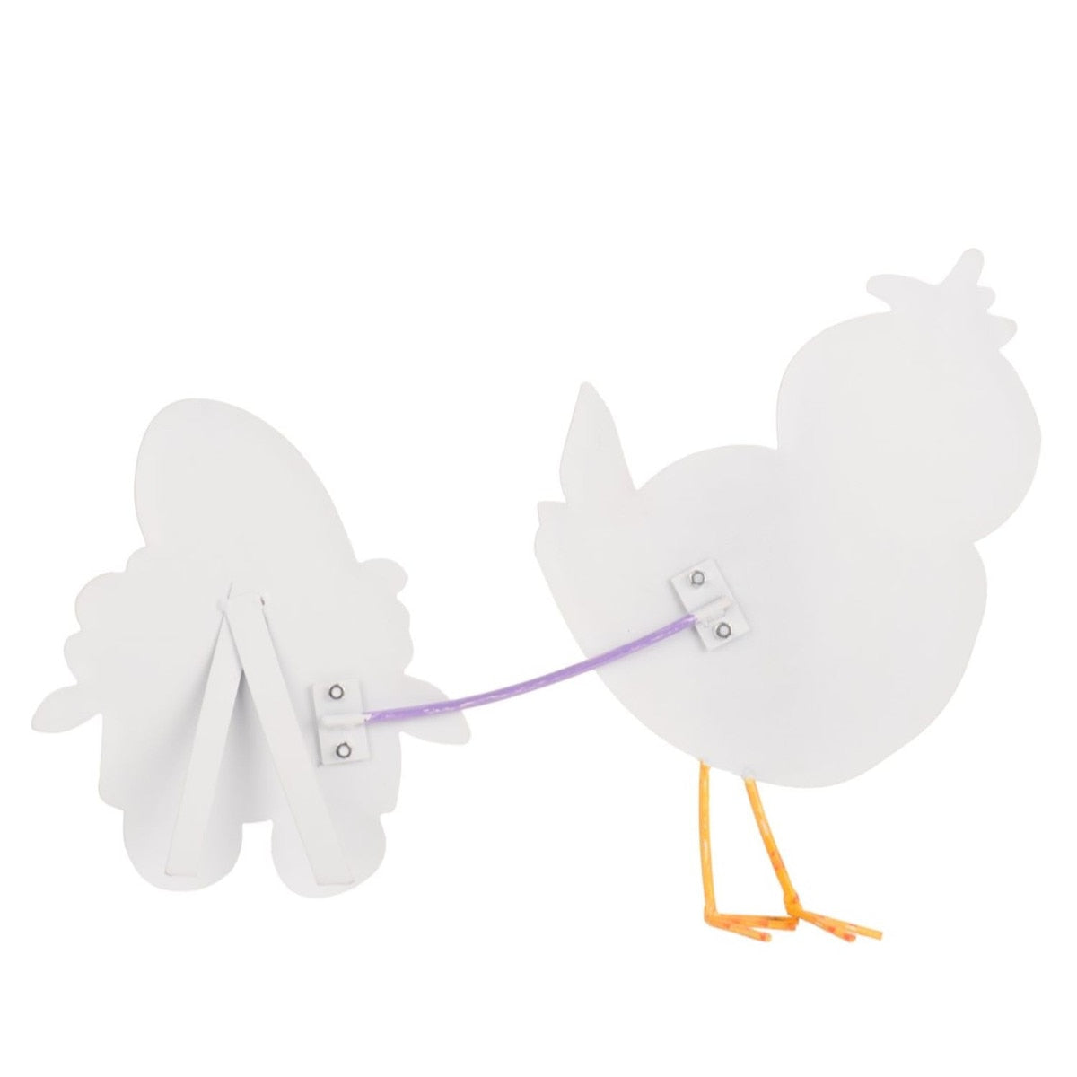 White metal chicken and chick figures connected by a purple string, with orange legs.