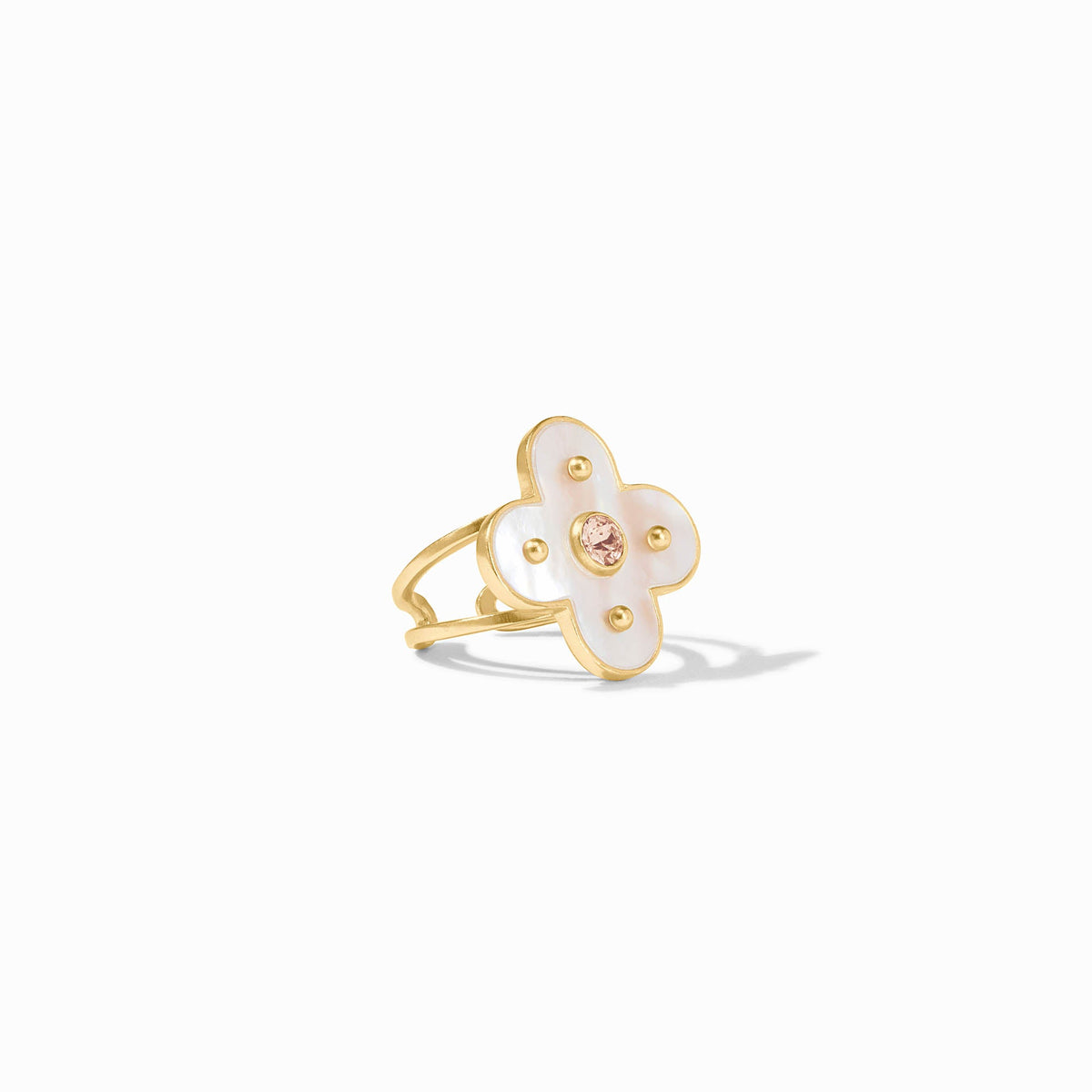 Adjustable Colette ring featuring a mother-of-pearl stone set in 24K gold plate with CZ accents.