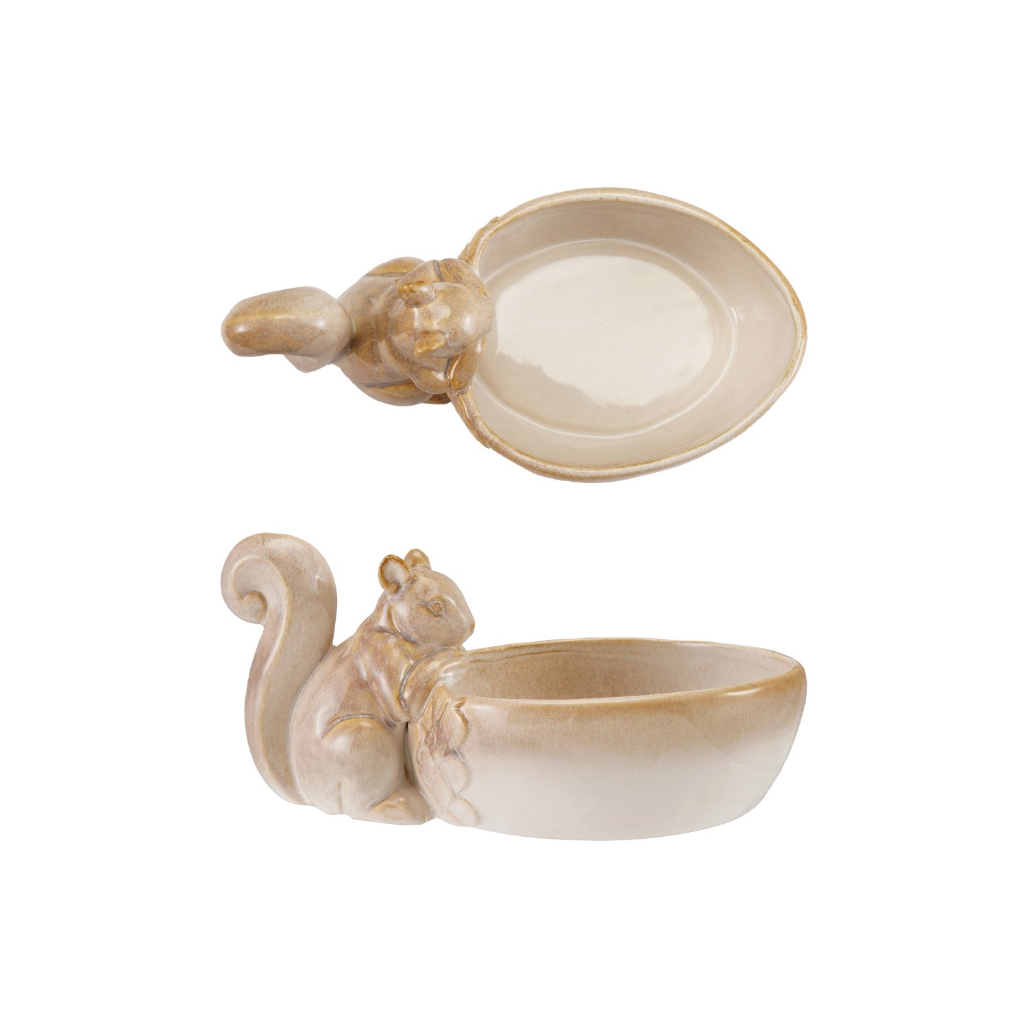 Two views of a beige stoneware bowl featuring a sculpted squirrel on the side.