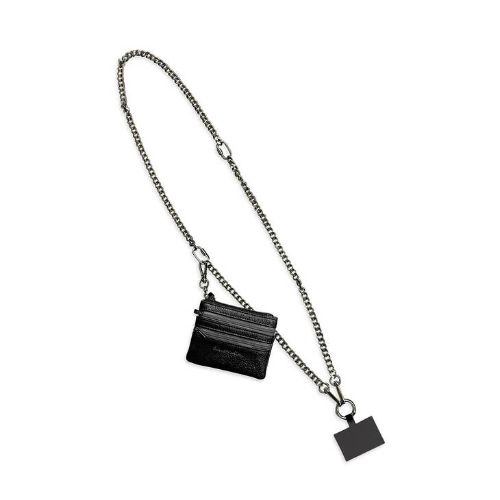 Black clip-on chain necklace with a silver-tone finish featuring an attached zippered pouch.